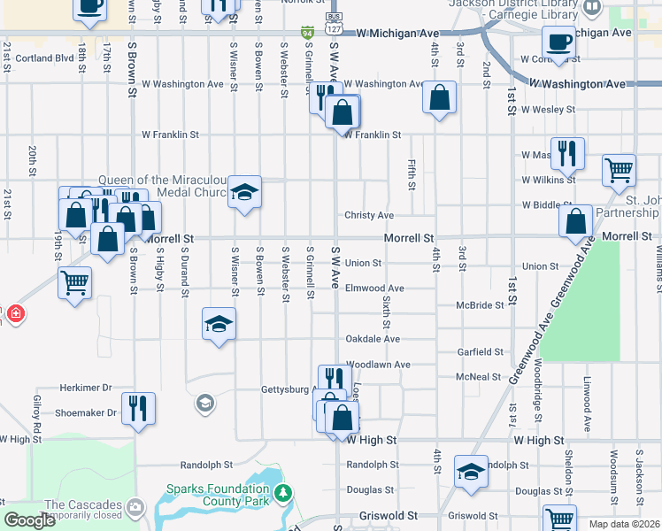 map of restaurants, bars, coffee shops, grocery stores, and more near 1011 South West Avenue in Jackson