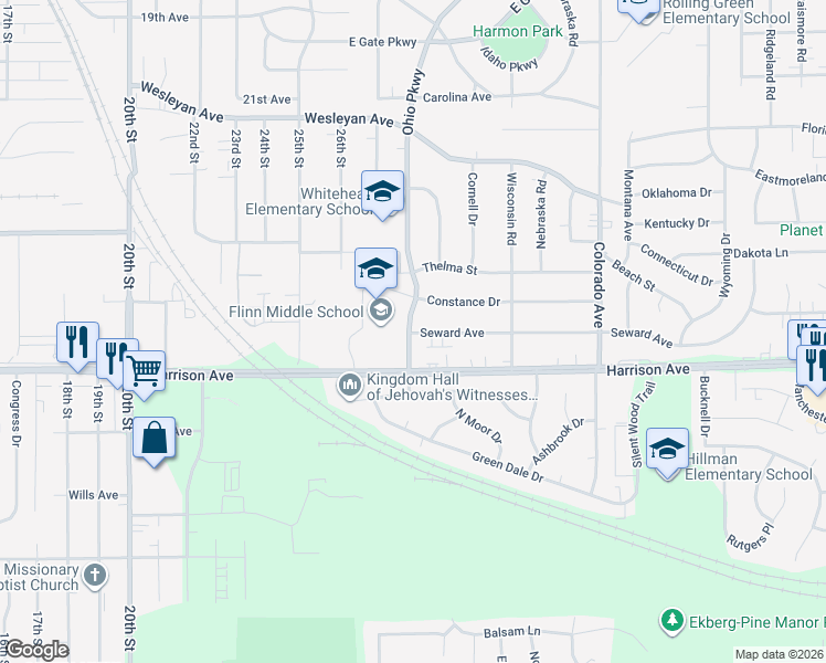 map of restaurants, bars, coffee shops, grocery stores, and more near 3212 Harrison Avenue in Rockford