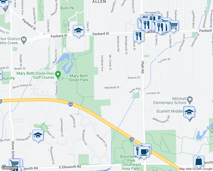 map of restaurants, bars, coffee shops, grocery stores, and more near 2863 Marshall Street in Ann Arbor