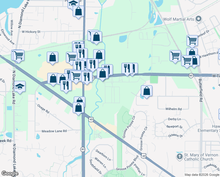 map of restaurants, bars, coffee shops, grocery stores, and more near 46 Oak Creek Plaza in Mundelein