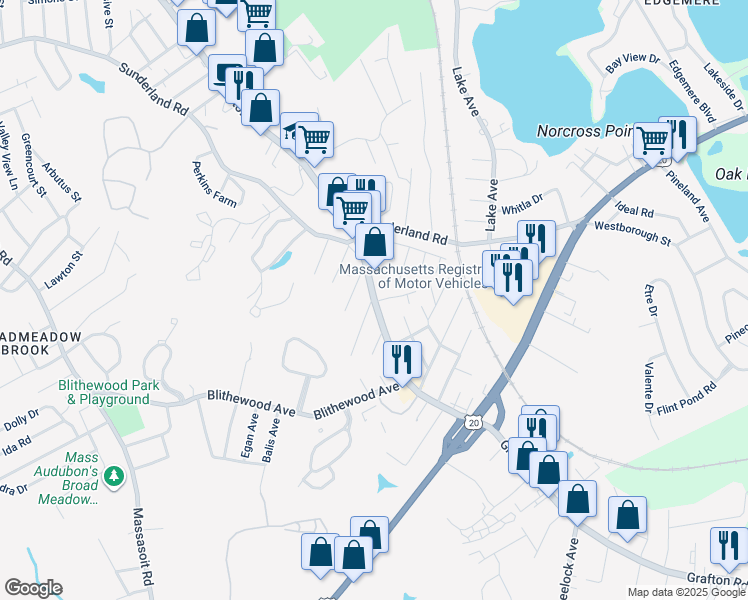 map of restaurants, bars, coffee shops, grocery stores, and more near 1201 Grafton Street in Worcester