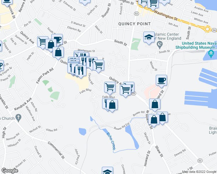 map of restaurants, bars, coffee shops, grocery stores, and more near 202 Falls Boulevard in Quincy