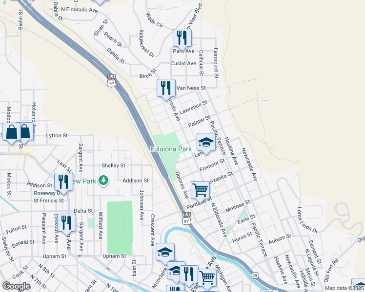 map of restaurants, bars, coffee shops, grocery stores, and more near 1244 North Eldorado Avenue in Klamath Falls