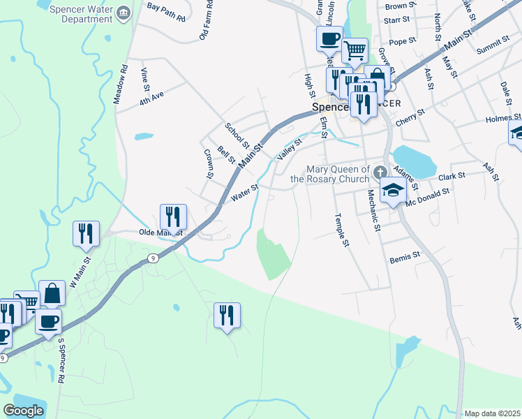 map of restaurants, bars, coffee shops, grocery stores, and more near 60 Valley Street in Spencer
