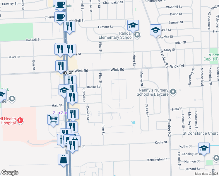 map of restaurants, bars, coffee shops, grocery stores, and more near 9506 Oak Street in Taylor