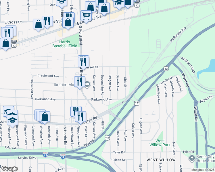 map of restaurants, bars, coffee shops, grocery stores, and more near 361 Devonshire Road in Ypsilanti