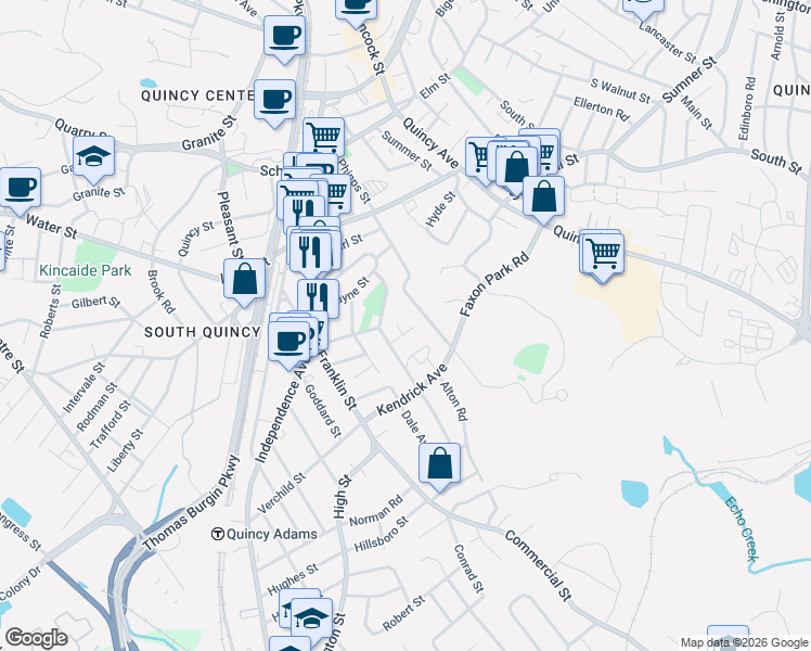 map of restaurants, bars, coffee shops, grocery stores, and more near 22 Abigail Avenue in Quincy