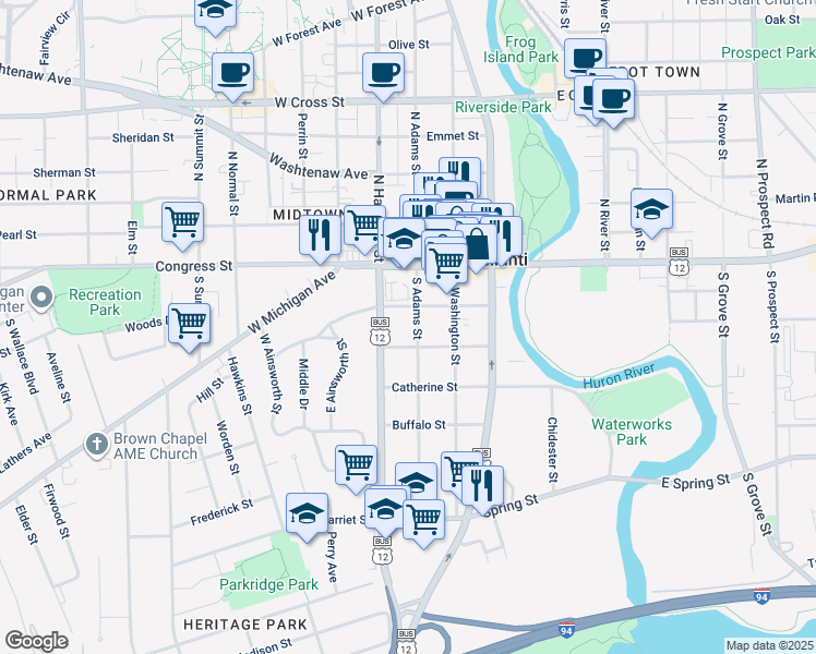 map of restaurants, bars, coffee shops, grocery stores, and more near 202 South Adams Street in Ypsilanti