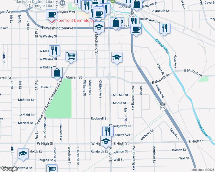 map of restaurants, bars, coffee shops, grocery stores, and more near 931 Francis Street in Jackson