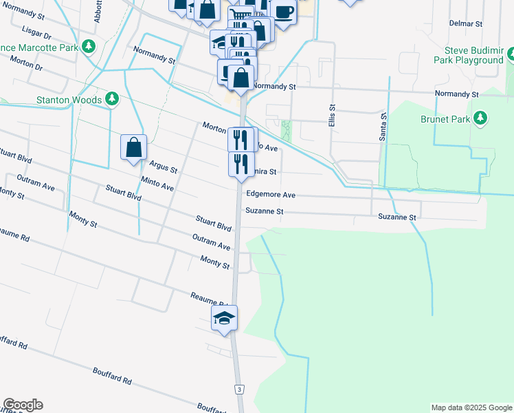 map of restaurants, bars, coffee shops, grocery stores, and more near 1818 Suzanne Street in Windsor