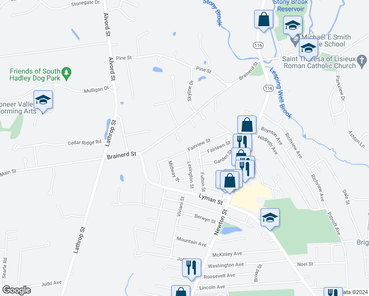 map of restaurants, bars, coffee shops, grocery stores, and more near 39 Lexington Street in South Hadley