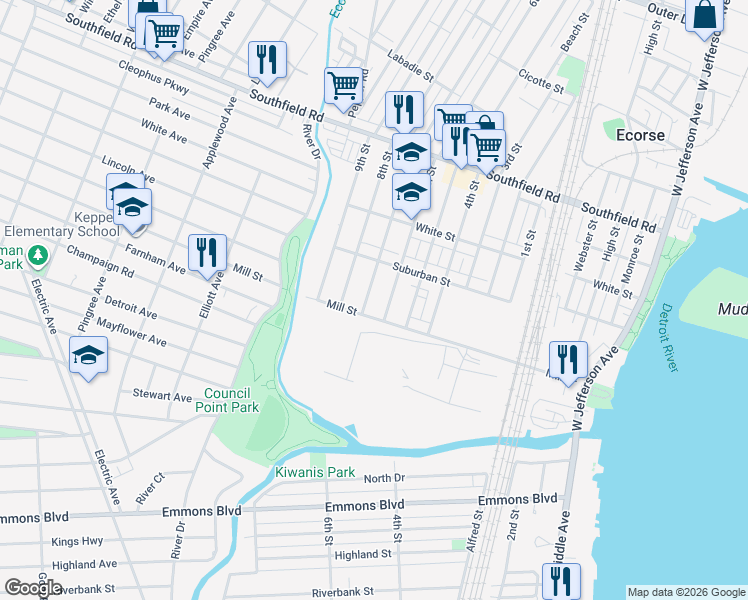 map of restaurants, bars, coffee shops, grocery stores, and more near 4660 6th Street in Ecorse