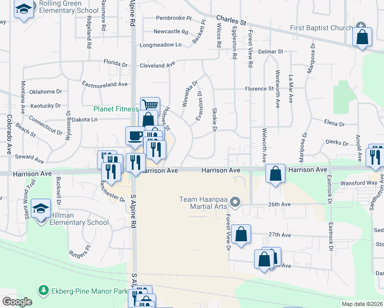 map of restaurants, bars, coffee shops, grocery stores, and more near 2622 Skokie Drive in Rockford