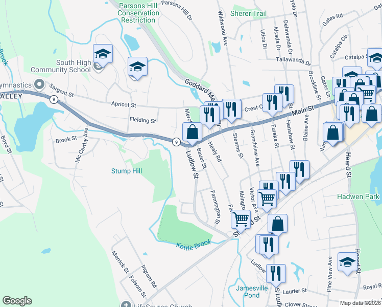 map of restaurants, bars, coffee shops, grocery stores, and more near 5 Ludlow Street in Worcester