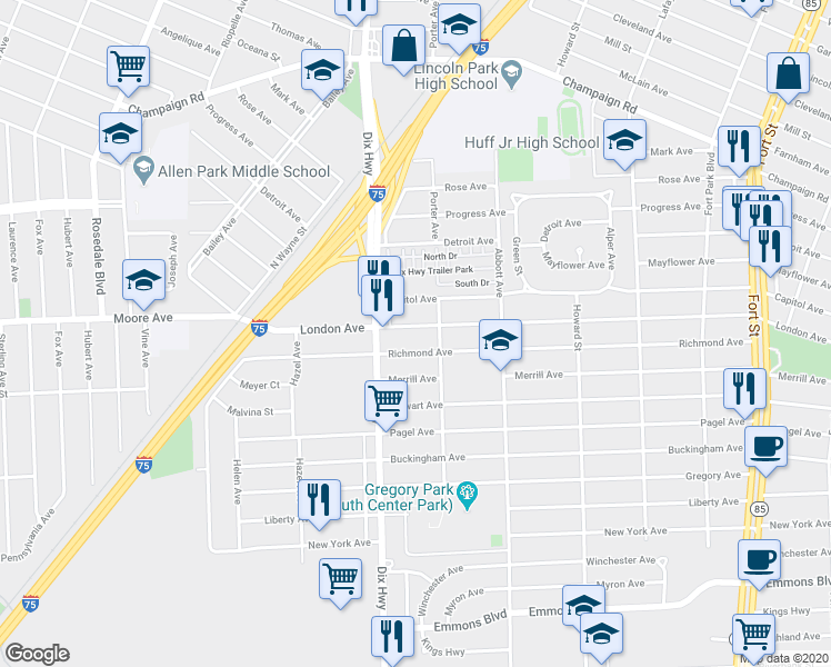 map of restaurants, bars, coffee shops, grocery stores, and more near 1837 London Avenue in Lincoln Park