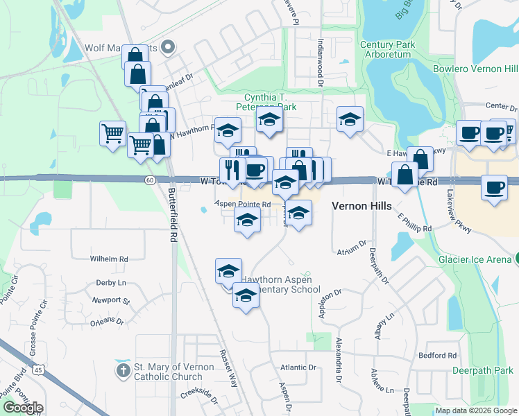 map of restaurants, bars, coffee shops, grocery stores, and more near 712 Telluride Court in Vernon Hills