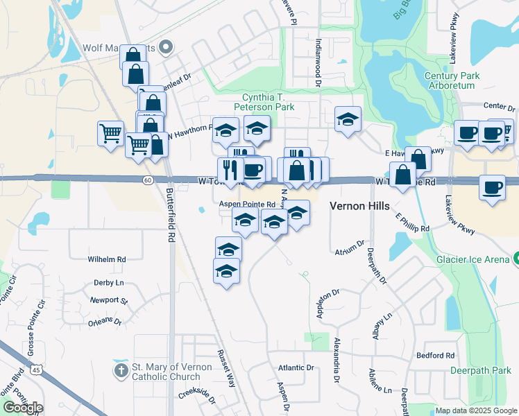 map of restaurants, bars, coffee shops, grocery stores, and more near 251 West Aspen Pointe Road in Vernon Hills