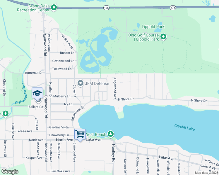 map of restaurants, bars, coffee shops, grocery stores, and more near 87 Timberhill Drive in Crystal Lake