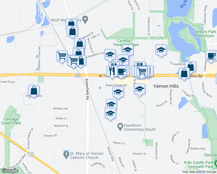 map of restaurants, bars, coffee shops, grocery stores, and more near 347 West Aspen Pointe Road in Vernon Hills