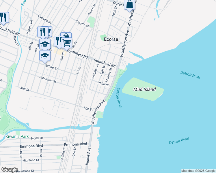 map of restaurants, bars, coffee shops, grocery stores, and more near 4572 West Jefferson Avenue in Ecorse
