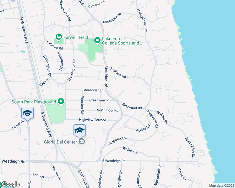 map of restaurants, bars, coffee shops, grocery stores, and more near 45 South Sheridan Road in Lake Forest