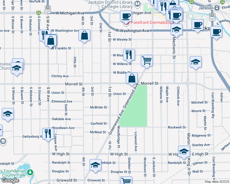 map of restaurants, bars, coffee shops, grocery stores, and more near 336 Union Street in Jackson