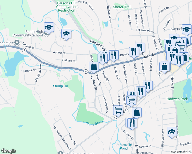 map of restaurants, bars, coffee shops, grocery stores, and more near 1438 Main Street in Worcester
