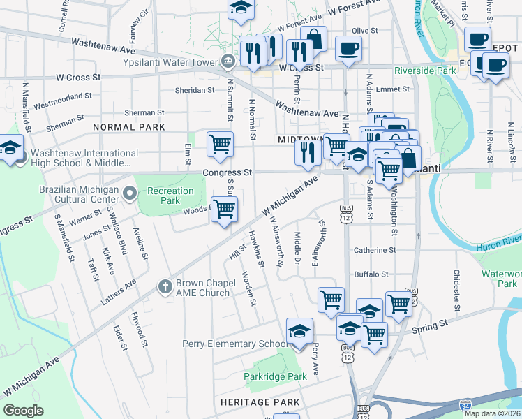 map of restaurants, bars, coffee shops, grocery stores, and more near 706 West Michigan Avenue in Ypsilanti