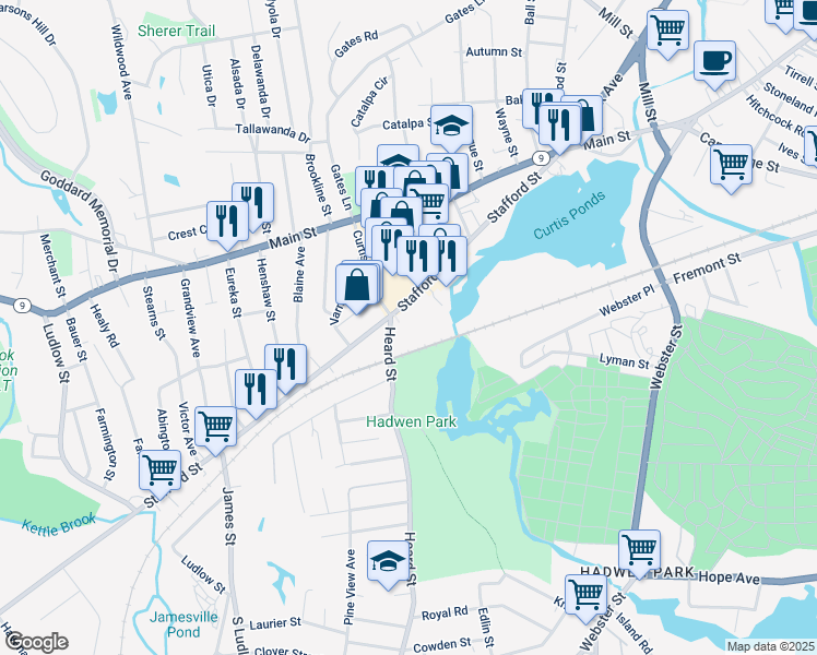 map of restaurants, bars, coffee shops, grocery stores, and more near 97 Stafford Street in Worcester