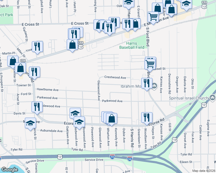 map of restaurants, bars, coffee shops, grocery stores, and more near 1264 Crestwood Avenue in Ypsilanti