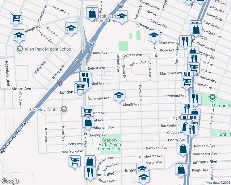 map of restaurants, bars, coffee shops, grocery stores, and more near 1705 Capitol Avenue in Lincoln Park
