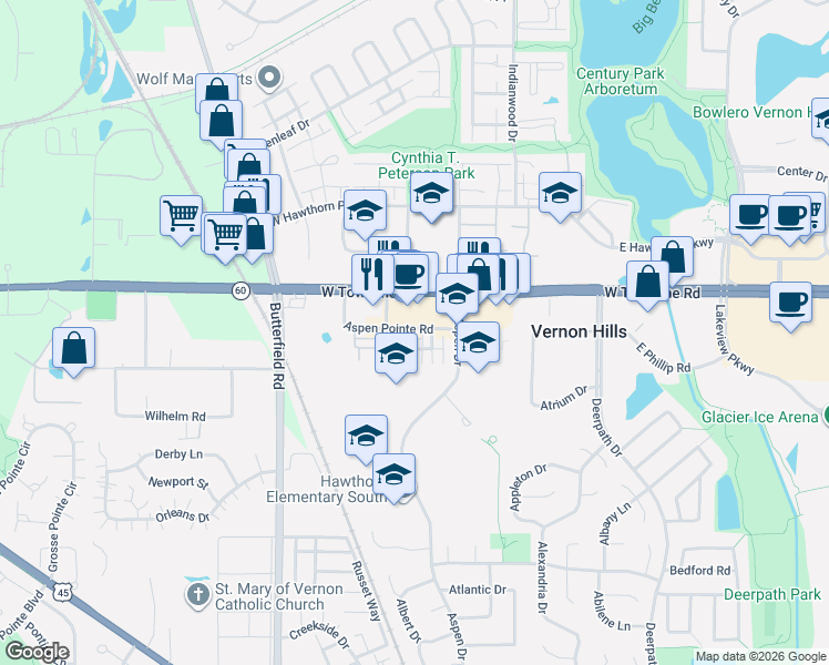 map of restaurants, bars, coffee shops, grocery stores, and more near 281 West Townline Road in Vernon Hills