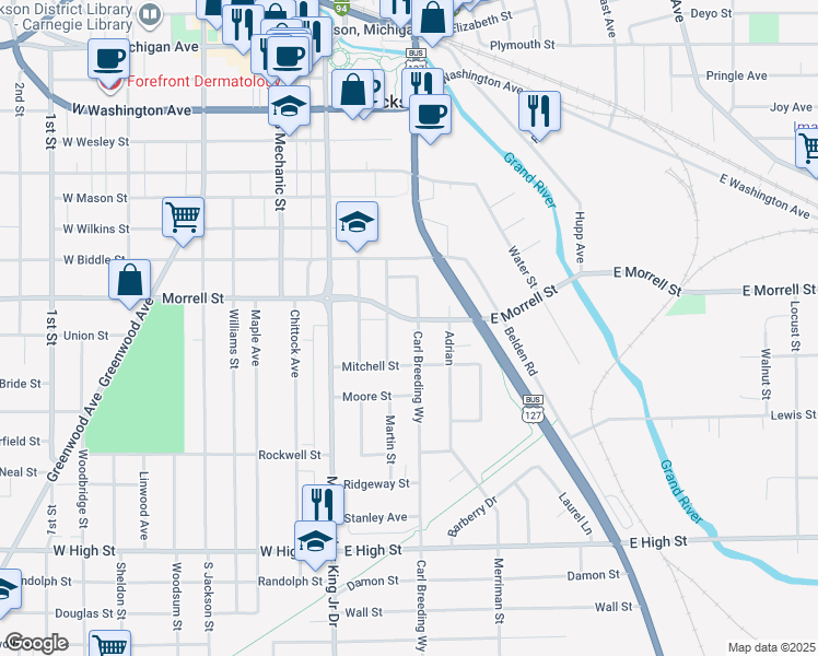 map of restaurants, bars, coffee shops, grocery stores, and more near 325 East Morrell Street in Jackson