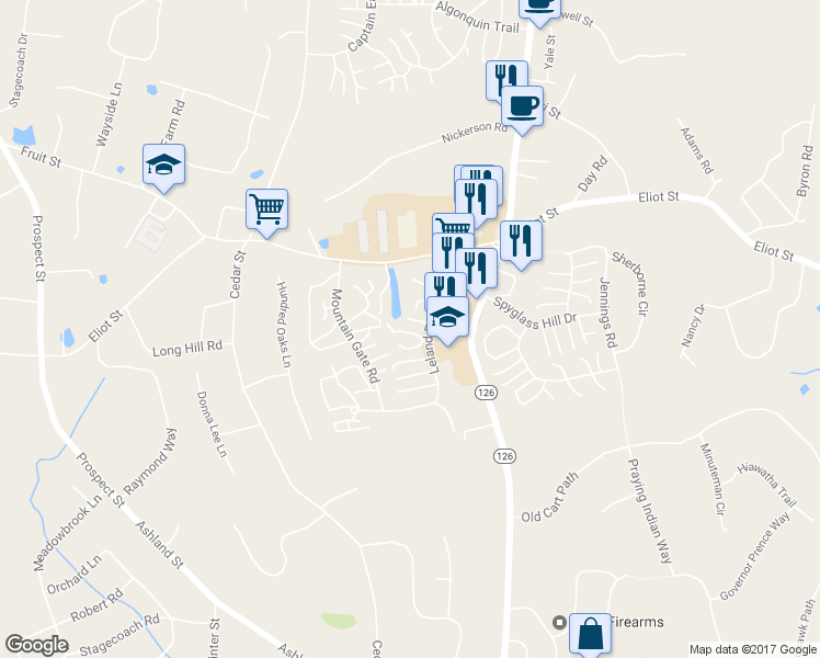 map of restaurants, bars, coffee shops, grocery stores, and more near 85 Leland Farm Road in Ashland