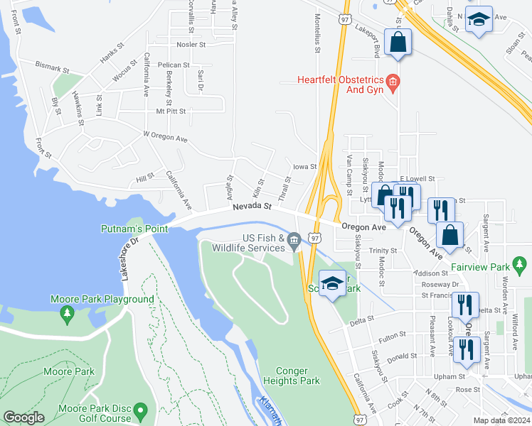map of restaurants, bars, coffee shops, grocery stores, and more near 145 Nevada Street in Klamath Falls