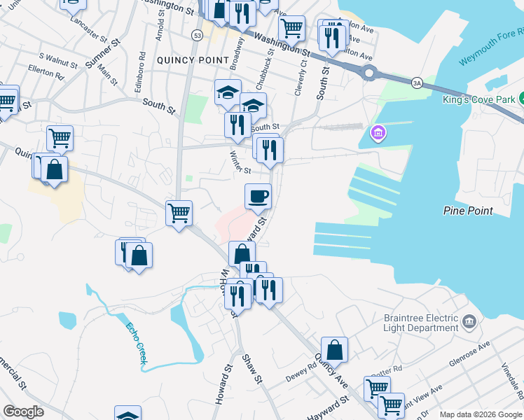 map of restaurants, bars, coffee shops, grocery stores, and more near 114 East Howard Street in Quincy