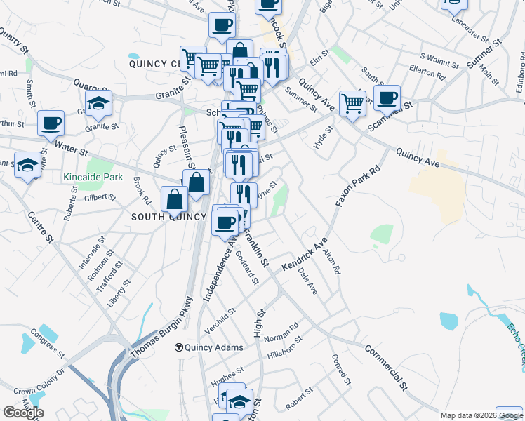 map of restaurants, bars, coffee shops, grocery stores, and more near 69 Payne Street in Quincy