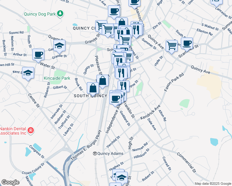 map of restaurants, bars, coffee shops, grocery stores, and more near 46 Presidents Avenue in Quincy
