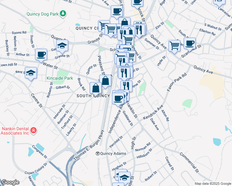 map of restaurants, bars, coffee shops, grocery stores, and more near 46 Presidents Avenue in Quincy