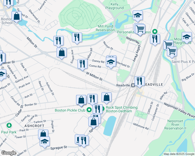 map of restaurants, bars, coffee shops, grocery stores, and more near 26 Pinefield Road in Boston