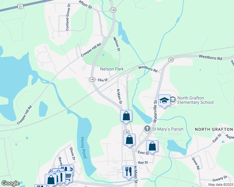 map of restaurants, bars, coffee shops, grocery stores, and more near 12 Westboro Road in Grafton