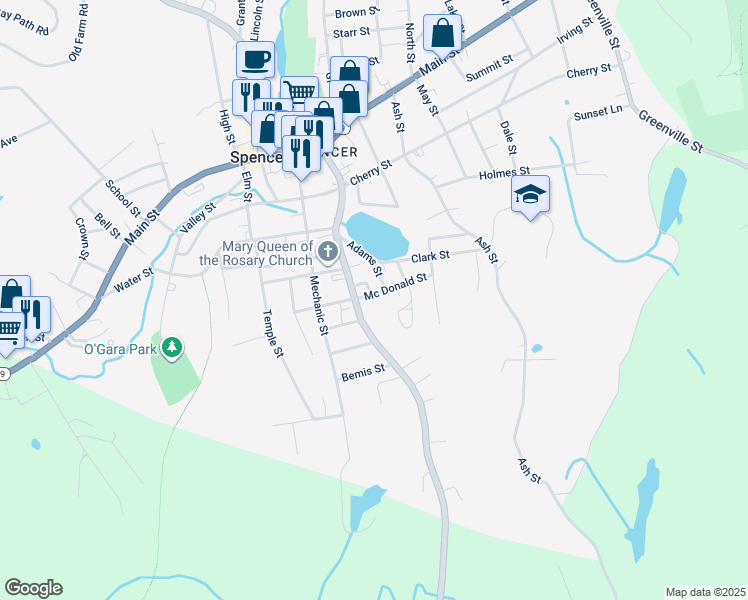 map of restaurants, bars, coffee shops, grocery stores, and more near 23 Adams Street in Spencer