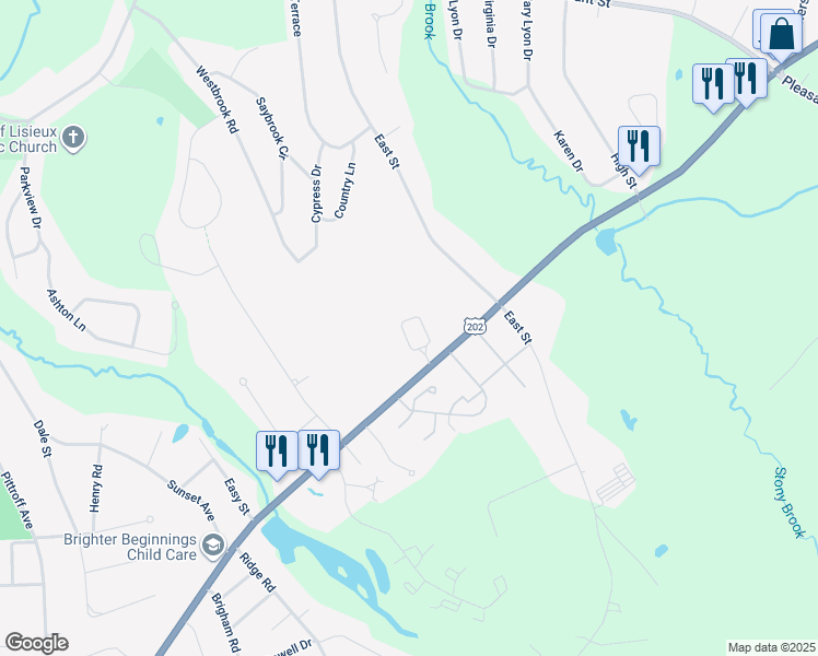 map of restaurants, bars, coffee shops, grocery stores, and more near 111-199 East Street in South Hadley