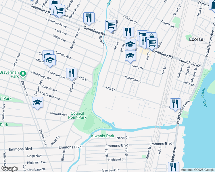 map of restaurants, bars, coffee shops, grocery stores, and more near 4634 8th Street in Ecorse