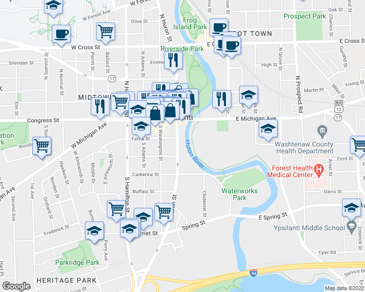 map of restaurants, bars, coffee shops, grocery stores, and more near 33 South Huron Street in Ypsilanti