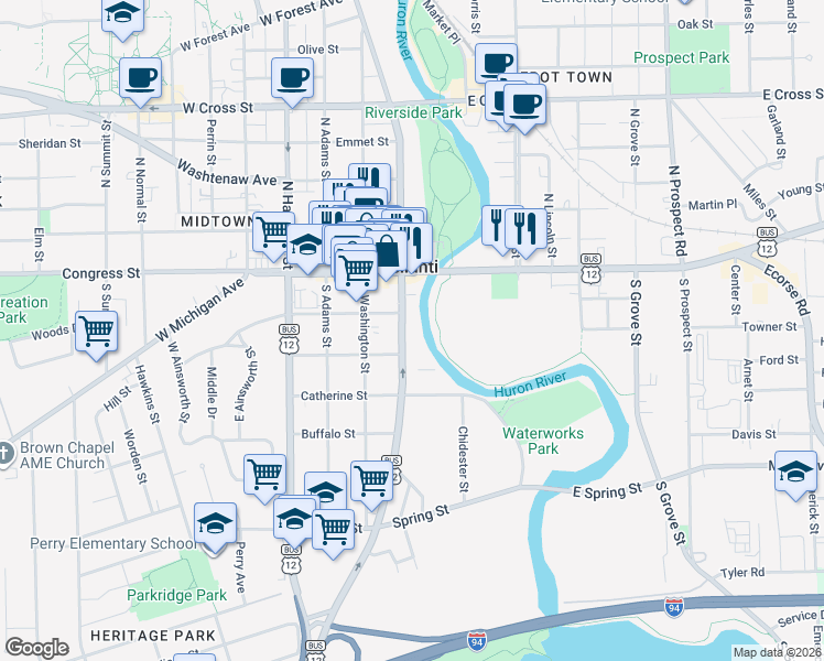 map of restaurants, bars, coffee shops, grocery stores, and more near 109 South Huron Street in Ypsilanti