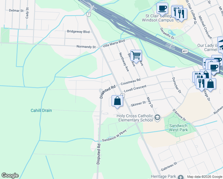 map of restaurants, bars, coffee shops, grocery stores, and more near 6180 Disputed Road in Windsor
