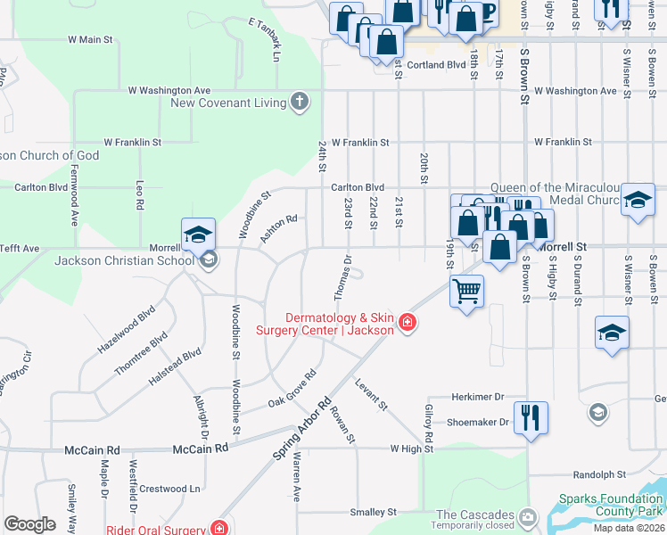 map of restaurants, bars, coffee shops, grocery stores, and more near 2325 West Morrell Street in Jackson