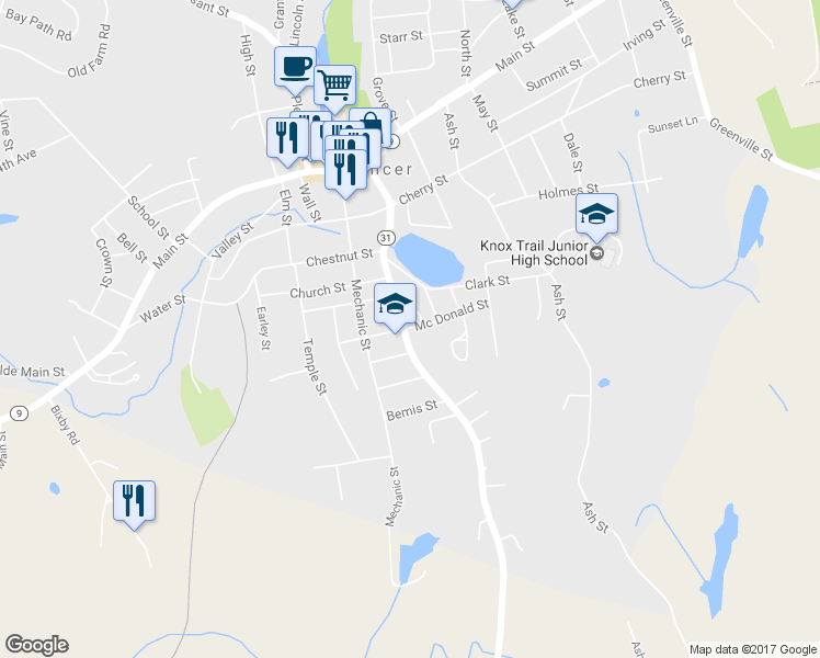 map of restaurants, bars, coffee shops, grocery stores, and more near Mc Donald Street in Spencer