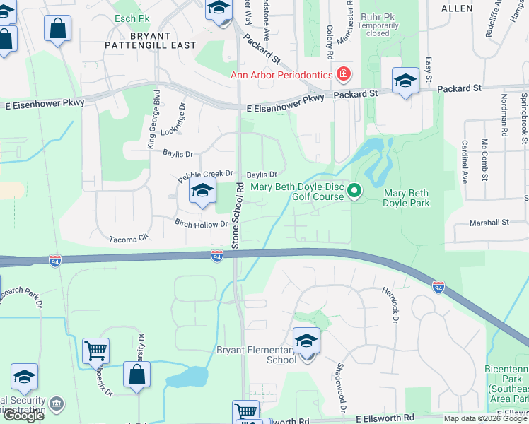 map of restaurants, bars, coffee shops, grocery stores, and more near 3032 Forest Creek Court in Ann Arbor